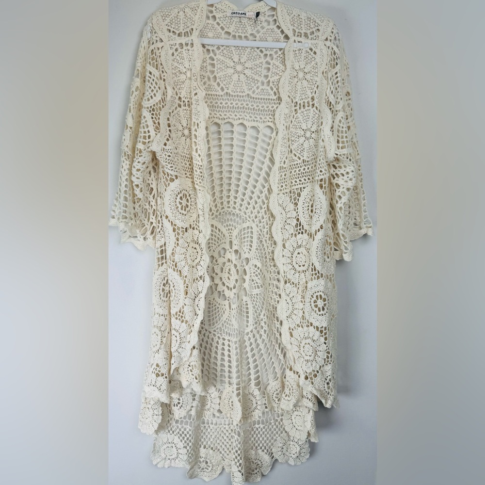 Origami by Vivien Ivory Crochet Lace Kimono Duster Cardigan XL